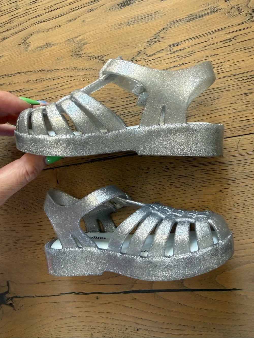Mini Melissa Silver Glitter Fisherman Jelly Sandals Size 7